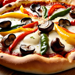 ** Roasted colorful peppers, onions, and mushrooms on a pizza crust, topped with melted mozzarella cheese. Focus on a delicious, appetizing, family-friendly pizza.

**
