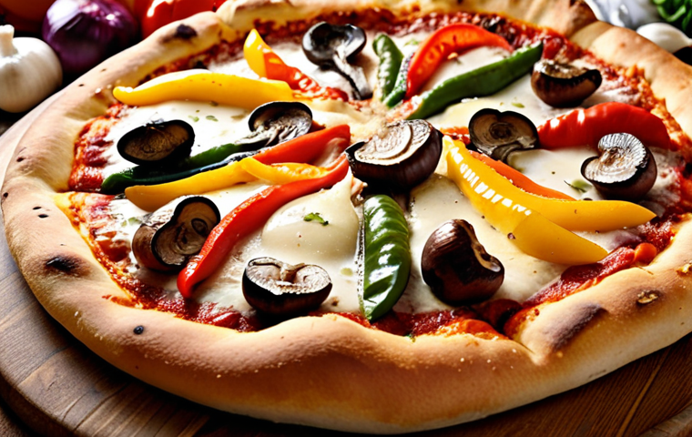** Roasted colorful peppers, onions, and mushrooms on a pizza crust, topped with melted mozzarella cheese. Focus on a delicious, appetizing, family-friendly pizza.

**