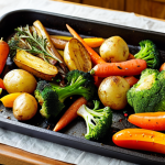 **

Vibrant, colorful roasted vegetables (potatoes, carrots, broccoli, bell peppers, onions) seasoned with herbs (rosemary, thyme) and glistening with olive oil, arranged on a baking sheet, golden brown and slightly caramelized, oven in the background.

**