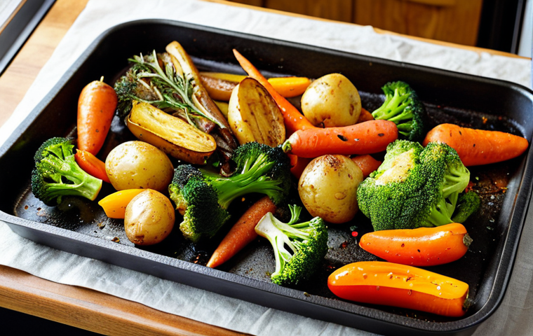 **

Vibrant, colorful roasted vegetables (potatoes, carrots, broccoli, bell peppers, onions) seasoned with herbs (rosemary, thyme) and glistening with olive oil, arranged on a baking sheet, golden brown and slightly caramelized, oven in the background.

**