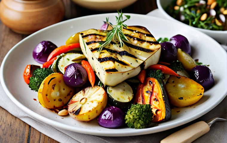 ** A vibrant Mediterranean roasted vegetable salad overflowing with colorful, fresh, seasonal vegetables. Focus on capturing the char and texture of the roasted vegetables. Include a drizzle of high-quality extra virgin olive oil and a sprinkle of fresh herbs. Consider adding Halloumi cheese or toasted almonds for added visual interest.

**
